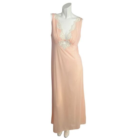 Vintage Dresses & Skirts - Vintage 1970s Kayser Peachy Pink Cream Lace Maxi Night Gown Women's Size 2